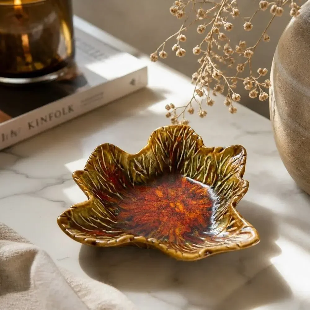 Vintage USA Pottery 721 Leaf Bowl Dish Brown Red Green Glaze Mid Century Decor